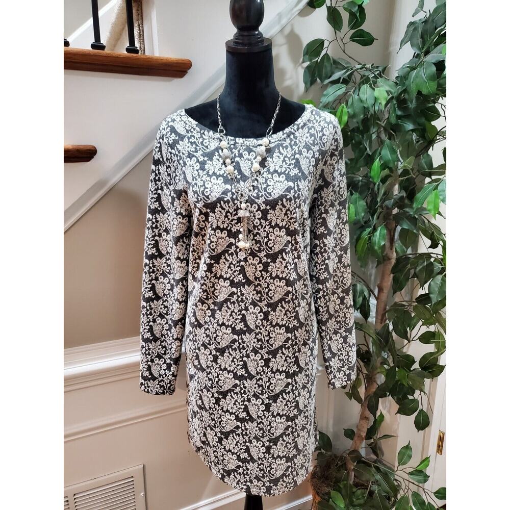 Loft Women's White & Black Polyester Round Neck Long Sleeve Knee Length Dress M